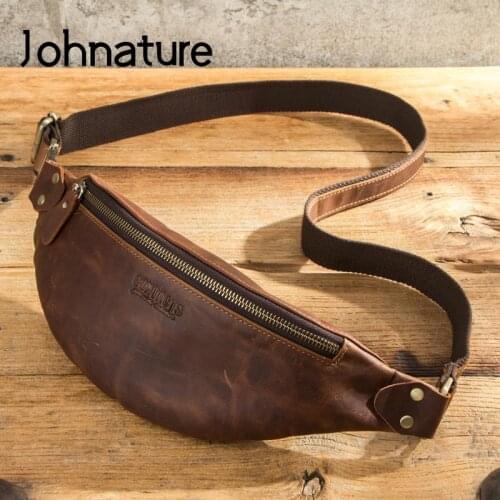 Johnature Retro Crazy Horse Cowhide Men Waist Packs 2021 New Leisure Real Leather Outdoor Multifunctional Man Crossbody Bags