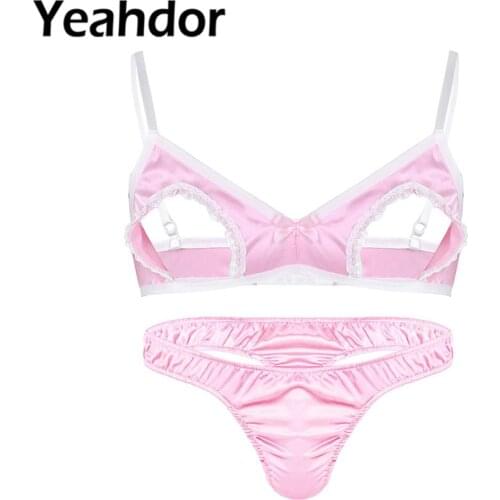 Mens Adults Satin Sissy Lingerie Set Hollow Out Nipples Wire-free Bra Top with Low Rise Bikini Thong Sexy Gay Male Underwear