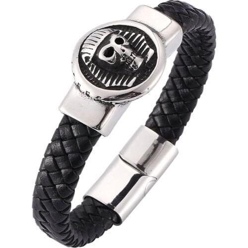 Trendy Black Weave Leather Bracelets Men Egypt Skull Cuff Braided Bangle Male Wristband Punk Rock Jewelry Accessories Gift P0280
