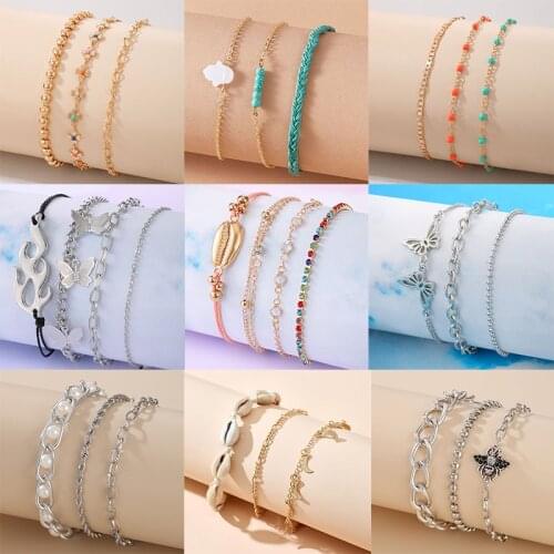Docona Bohemia Colorful Crystal Beads Butterfly Bracelet Set for Women Trendy Pearl Shell Metal Alloy Bangle Girl Jewelry Gifts