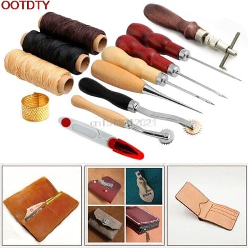 14Pcs Set Kit Leather Craft Hand Stitching Sewing Tool Thread Awl Waxed Thimble