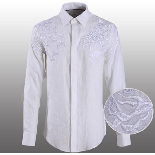 New 100% Linen Mens Shirts Luxury Leopard Embroidery Long Sleeve Men Shirts Plus Size 4xl Fashioin Slim Fit White Man Shirts