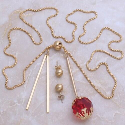 Wholesale Fashion Stainless Steel Jewelry Round Red Ball Pendant Necklace & Earrings Set For Woman Jewels Store SE118009