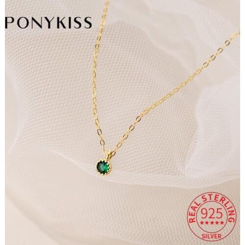 PONYKISS Vintage 925 Sterling Silver Round Green Zircon14K Gold Chokers Necklace For Women Lovely Fine Jewelry Drop Shipping