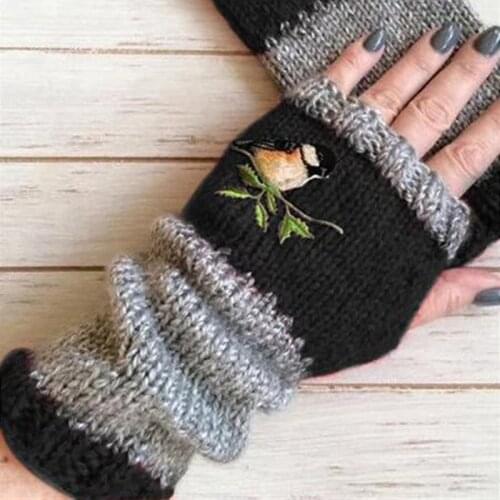 Embroidery Birds Gloves Wool knitting Fingerless Gloves Women Knitted Block Splice Mittens Finger Free Glove for Women Girls