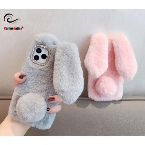 Plush Warm Phone Case for iPhone 12 11 Pro Max Rabbit Ears Furry fluffy Fur Cover