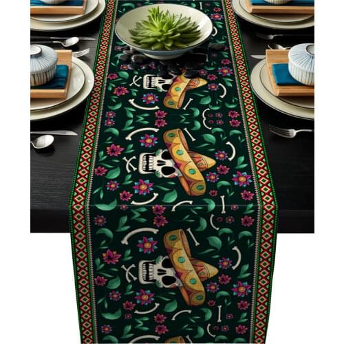 Linen Burlap Table Runner Mexican Skull Straw Hat Kitchen Table Runners for Dinner Holiday Party Wedding Events Decor