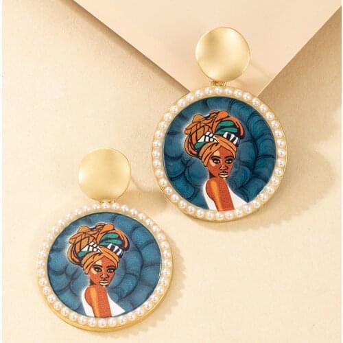 Handmade DIY Alloy Pearl African Head Portrait Round Drop Earrings for Women Luxury Metal Circle Dangel Earrings Accessories