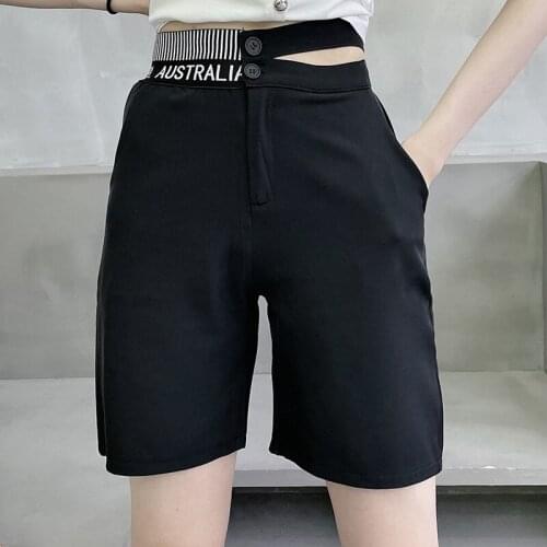 Fashion Design Hit Color Patchwork Letter Print Casual Shorts Women 2021 Summer High Waist Straight Shorts Female Half Pants