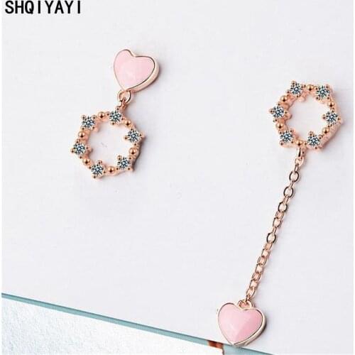SHQIYAYI Pink Love Heart Asymmetric Earrings Wedding Fashion Party Jewelry Korean Silver Cubic Zirconia Drop Ear Jewelry 730
