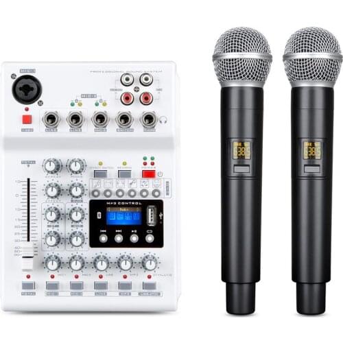 Stereo Audio Mixer Build-in Dual UHF Wireless Mics 4 Channels Mixing Console With USB Effect For DJ Karaoke PC Guitar