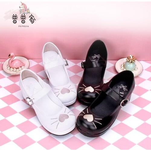 Princess sweet lolita shoes Round-toed shoes thick heels embroidered cats love cats ears custom princess shoes women pu8967