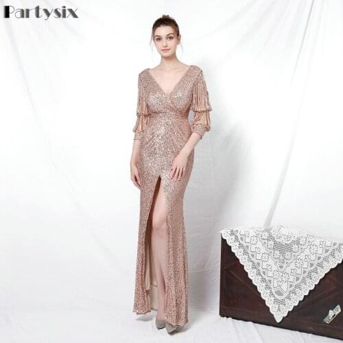 Partysix 2021 Women Sexy V Neck Long Sleeve Sequin Long Dresses Female Bodycon Maxi Dress Multi Evening Party Dress Gold