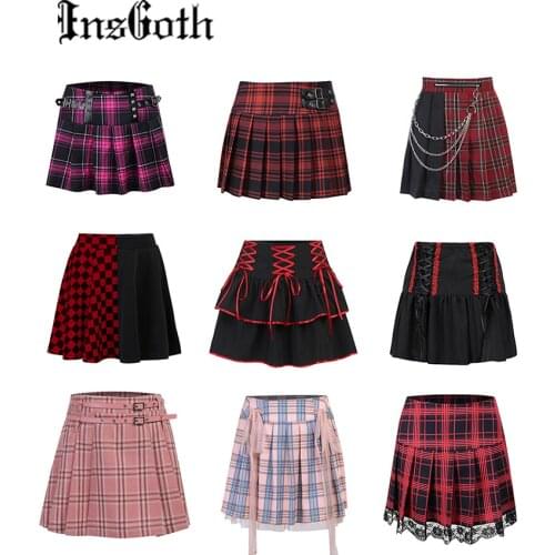 InsGoth Y2K Gothic Punk Plaid Red Skirt Harajuku Grunge Sexy High Waist A line Emo Mini Skirts Streetwear E Girl Lolita JK Skirt
