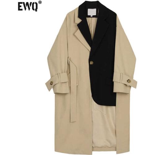 [EWQ] Korea Autumn Casual Trend Women Lapel Single Button Contrast Stitching Loose Fashion Long-sleeved Windbreaker 2021 16E1965