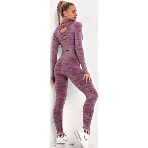 Women Sportswear 2pcs Seamless Yoga Set Gym Workout Clothes High Waist Legging Fitness Crop Top Long Sleeve Running Sports Suit