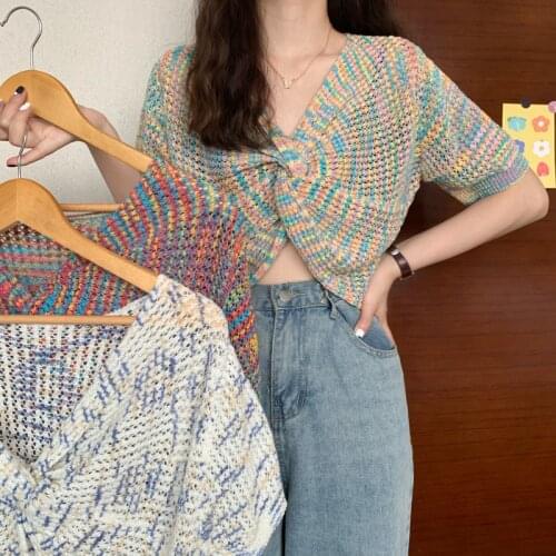 V-Neck Knitted Short-Sleeved T-Shirt Womens Summer 2021 New Ins Loose Design Sense Rainbow Color Ice Silk Short Knitted T-Shirt