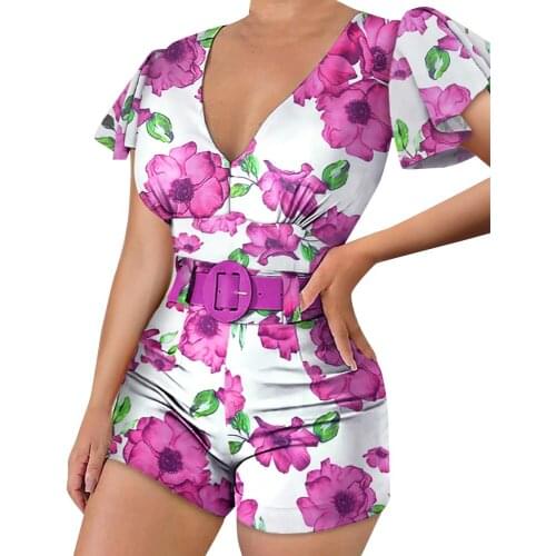 New Fashion Woman Girls Short Sleeve V-neck Floral Romper Jumpsuit High Street Slim Girls Playsuit Clothes