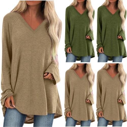 WomenS Pullover Autumn Fashion Simple Casual Solid Color V-Neck Long-Sleeved T-Shirt Top All-Match Clothes толстовка женская 50