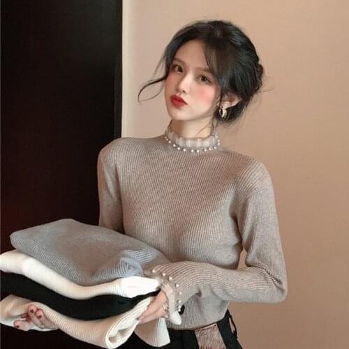 Sweaters For Women Fashion Beading Knitted Pullover Autumn Winter Patchwork Ruffled Collar Ladies Sweater Slim Warm Jersey Mujer