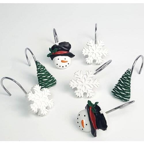 12Pcs Cartoon Shower Curtain Hooks Christmas Theme Resin Waterproof Snowman Snowflake Tree Curtain Rings for Bathroom
