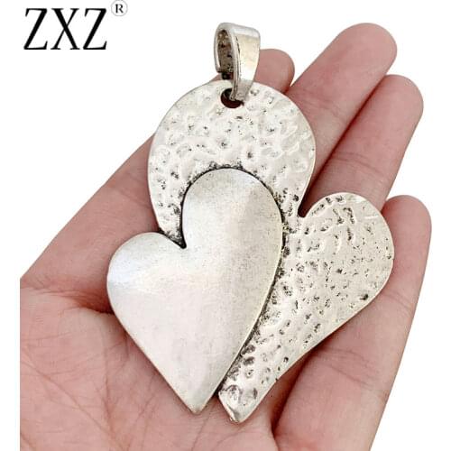 ZXZ 2pcs Tibetan Silver Large Double Heart Charms Pendants for Necklace Jewelry Making Accessories 78x54mm