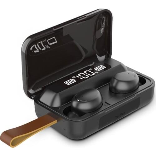 True Wireless Earbuds Bluetooth 5.0 Earphones TWS Stereo Headphones with Digital Intelligence LED Display with Leather Lanyard