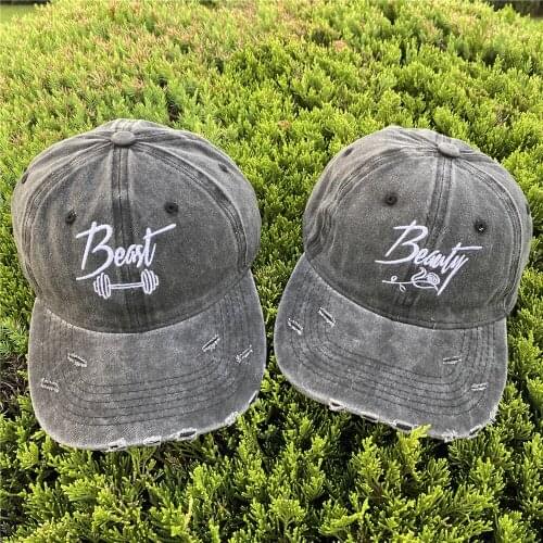 Embroidery Beauty And The Beast Couple Snapback Cap Black Washed Soft Sport Baseball Caps Fashion Distressed Hole Cotton Sun Hat