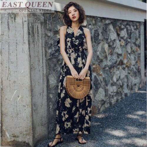 Bohemian summer dresses bodycon high waist sleeveless floral print v-neck backless dress sashes belt ankle-length dress DD613 L