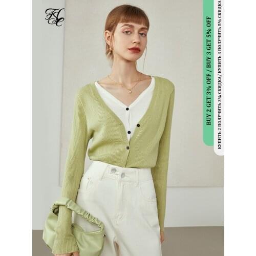 FANSILANEN Autumn 2021 Fake Two-piece Design Cardigan Thin Knitted Cardigan Colorblock V-Neck Retro Cardigan Sweters For Women