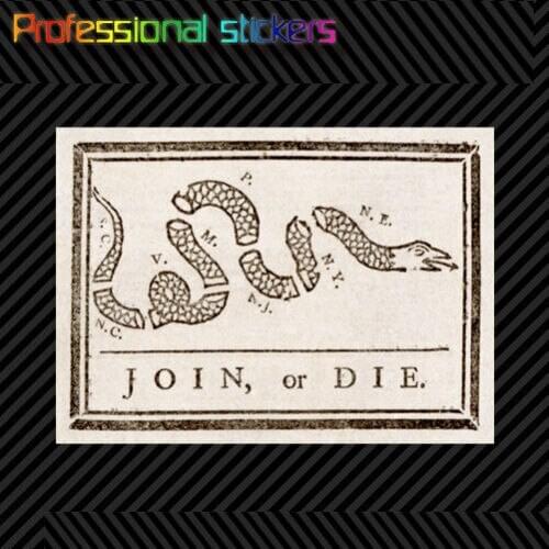 Join or Die Sticker Die Cut Decal Self Adhesive Vinyl Benjamin Franklin Cartoon for Car,RV,Motorcycle,Laptops,office Supplies