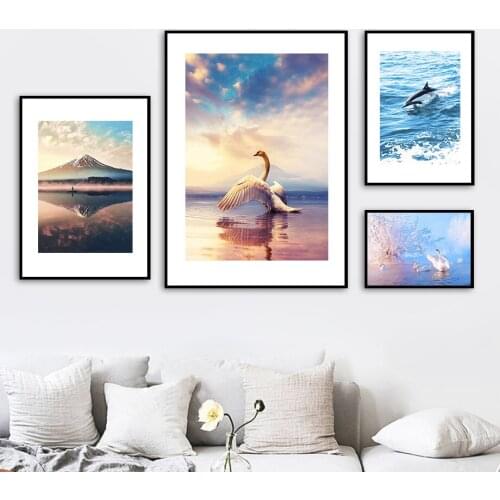 Snow Mountain White Swan Swordfish Wall Art Canvas Painting Nordic Posters And Prints Wall Pictures For Living Room Home Decor