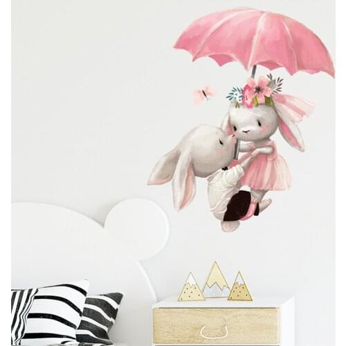 Wall Decals Pink Flower Cute Grey Bunny For Kids Room For Girl Room Cat Baby Nursery Rabbit Wall Stickers