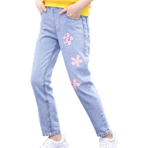 2020 Autumn Childrens Clothes Girls Jeans Casual Three Flowers Denim Baby Girls Pencil Pants for Big Kids Jeans Long Trousers