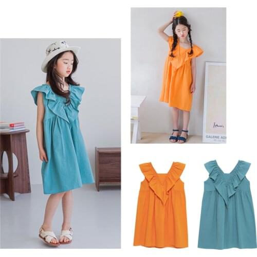 Girls' Dress Korean Cotton Ruffle V-neck Splicing Solid Color Sleeveless Knee Length Fashion 2-16 Years Old Summer Childrens