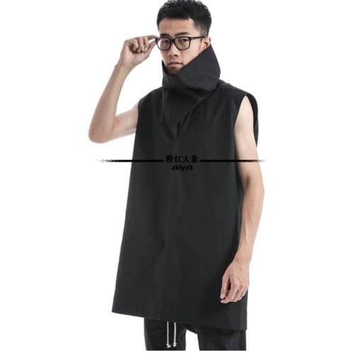 S-5xl New Men Clothing High Collar Cut Sleeve T-shirt Hairstylist Black Long Loose Sleeveless T-shirt Plus Size Singer Costumes