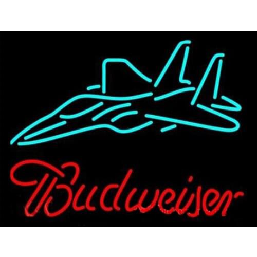 Budweiser Fighter Jet Airplane Sign Handmade Real Glass Tube Drink Bar KTV Motel Advertise Decoration Display Neon Light 17"X14"
