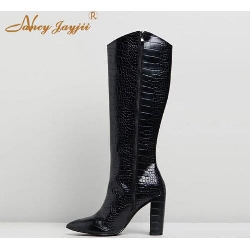 Snakelike Crocodile Python Black Knee High Boots Block High Heel Pointy Winter Botas Funky Shoes Womans Dress Party Size 15 16