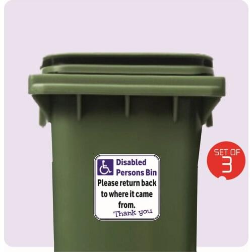 3 x WHEELIE BIN STICKERS - DISABLED PERSONS BIN STICKERS 14 X 14 cm
