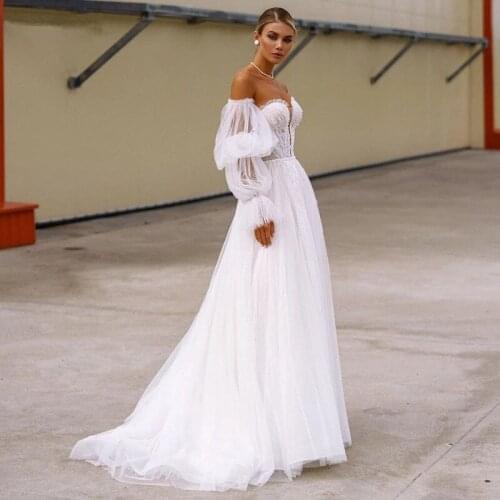 LAYOUT NICEB A Line Silk Tulle Wedding Dress Long Puff Sleeve Floral Applique Beads 2021 Bride Dress Beach Sexy Wedding Gowns