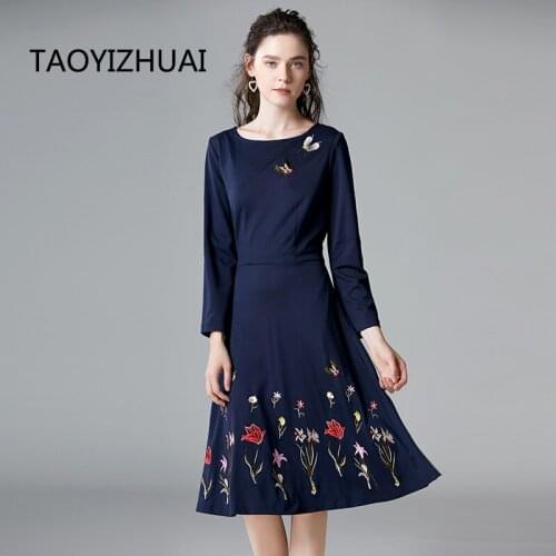 TAOYIZHUAI vintage dress blue O neck Knee length butterfly embroidery wrist sleeves party office lady dress party vestidos