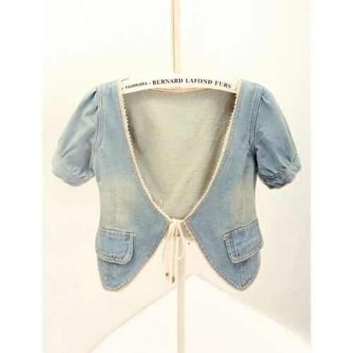 Vintage Women short Jacket 2020 summer short sleeve v-neck Denim Jackets Washed Blue Jeans Coat Korean denim cardigan C253