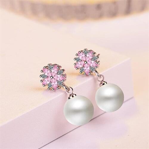 KOFSAC Charm 925 Sterling Silve Stud Earrings For Women Exquisite Cherry blossoms Earring Luxury Pink CZ Crystal Pearl Jewelry