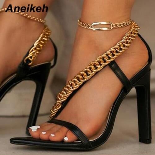 Aneikeh 2021 Women Shoes Metal Decoration Sandalias De Las Mujeres Buckle Strap Fashion New PU Pointed Toe Thin Heels Size 35-42