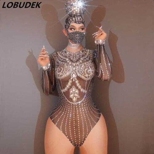 New Silver Rhinestones Black Mesh Elastic Bodysuit Sexy Nightclub Bar DJ Singer Stage Wear Pole Dancing Crystals Leotard Costume