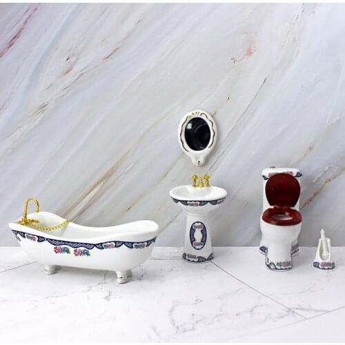 1/12 Doll House Miniature Bathroom Set Simulation Bathtub Mirror Wash Basin Model for Mini Decoration Dollhouse Accessories