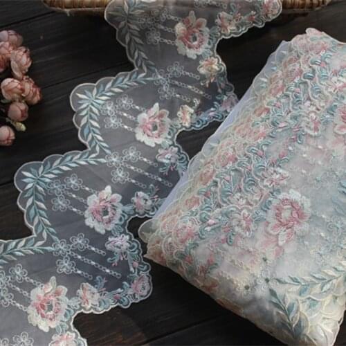 18cm 7.08"-2yards/lot DIY Craft Embroidered Floral Tulle Lace Trim in Ivory+Pink+Light Green ~ Lace Garden