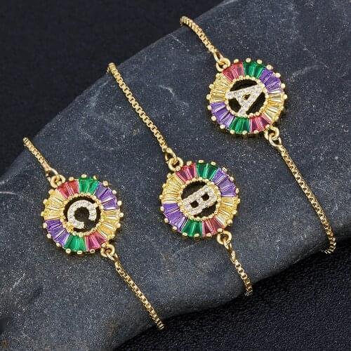 26pcs/lot A-Z Initial Letter Bracelets Rainbow CZ Stone Copper Charm Adjustable Chain For Women Family Name Jewelry Wholesale
