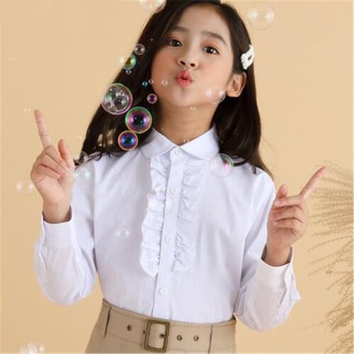 2021 Girls White Shirts for Students Uniform Long Sleeve Solid Blouse Teenagers School Clothes 8 10 12 14 Years Vestidos AA5379