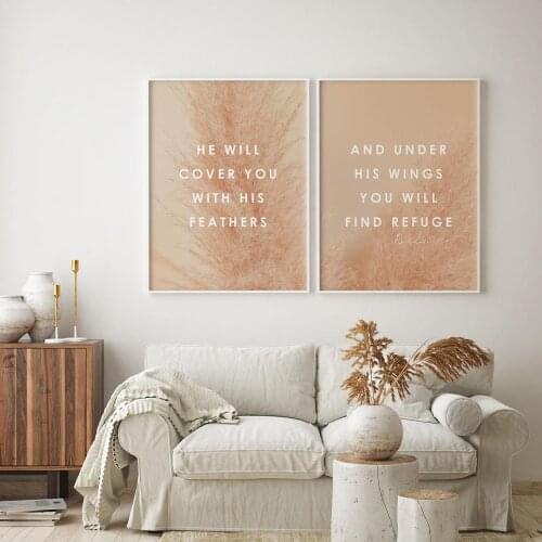 Bible Verse Psalm 91:4 Poster Canvas Art Prints Pampass Grass Scripture Christian Quotes Canvas Painting Wall Art Home Decor